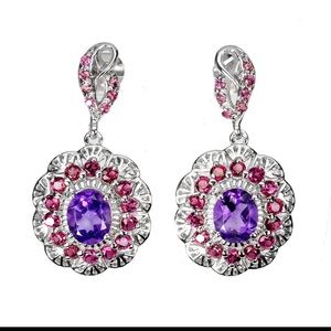 Amethyst 8x6 mm Rhodolite 925 Sterling Silver 14 white Gold Earrings